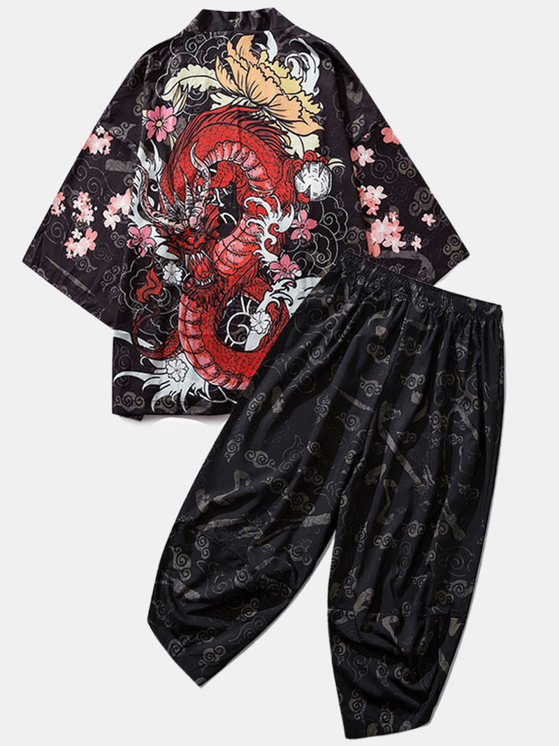 Mens Kimono Ethnic Style Loong Gragon Print Elastic Waist Two Piece Outfits - MRSLM
