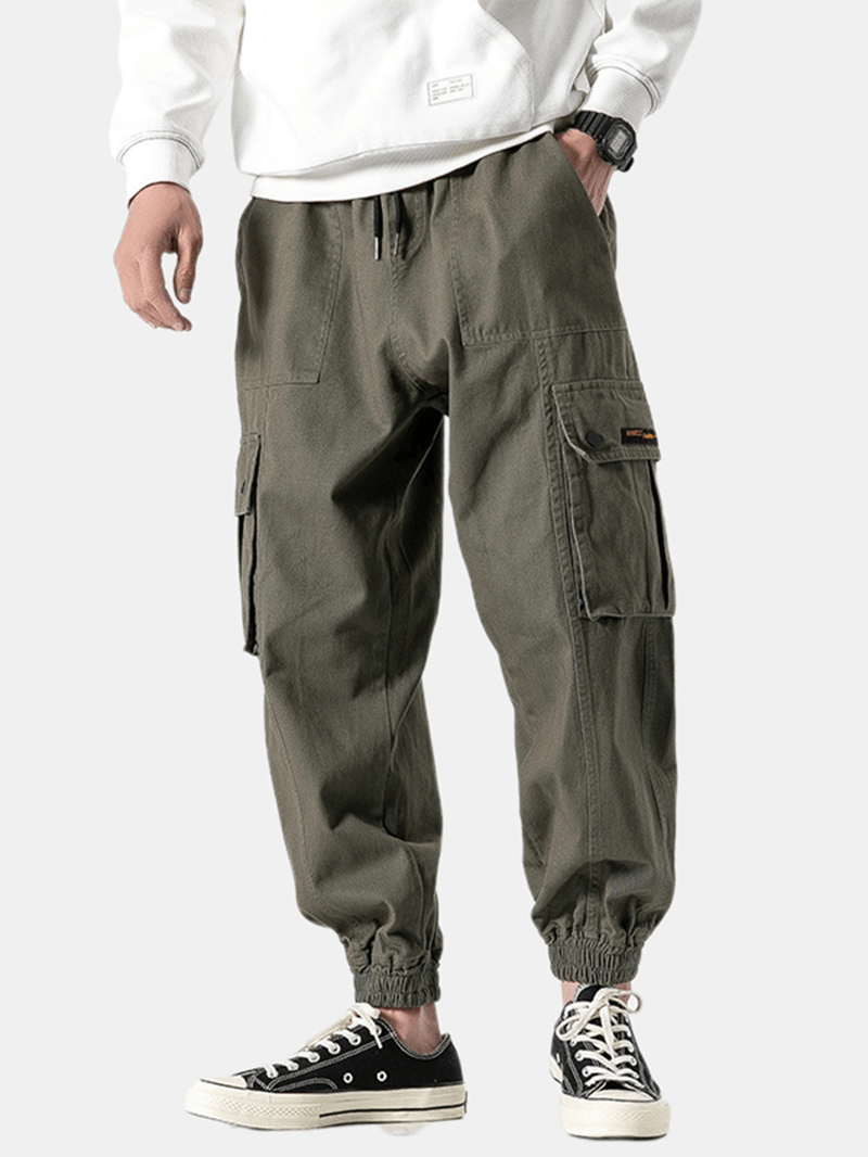 Mens Casual Elastic Waist Pockets Pure Color Straight Pants - MRSLM