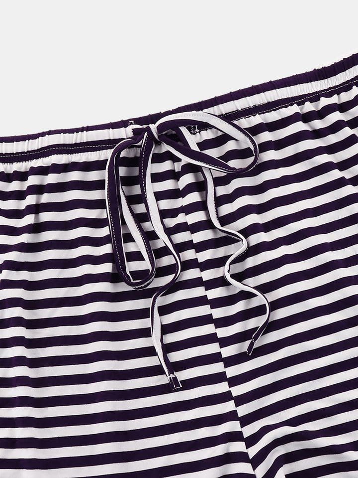 Plus Size Women Solid Color V-Neck Top Stripe Drawstring Shorts Home Pajama Set - MRSLM