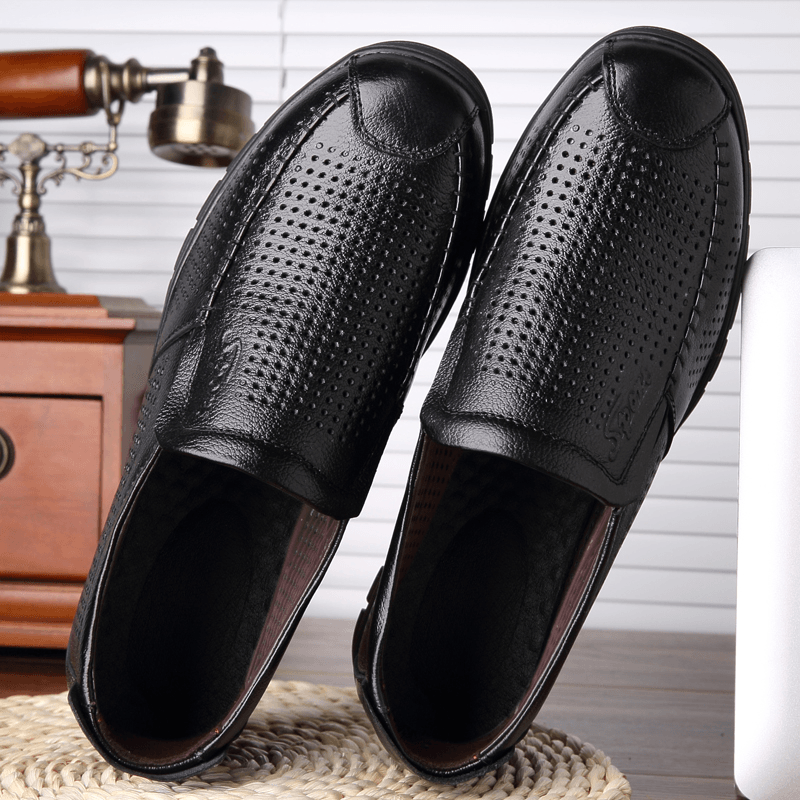 Men Cowhide Leather Breathable Hollow Out Soft Bottom Closed Toe Casual Business Shoes - MRSLM