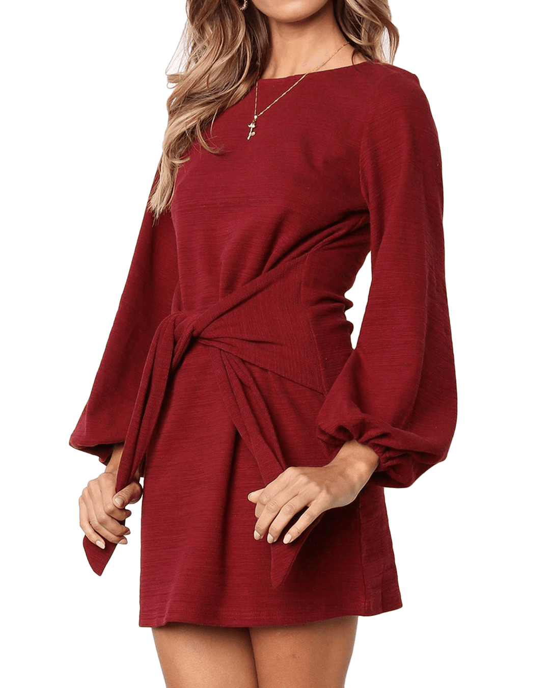 Women Long Sleeve round Neck Elegant Tie Waist Sweater Mini Dress - MRSLM
