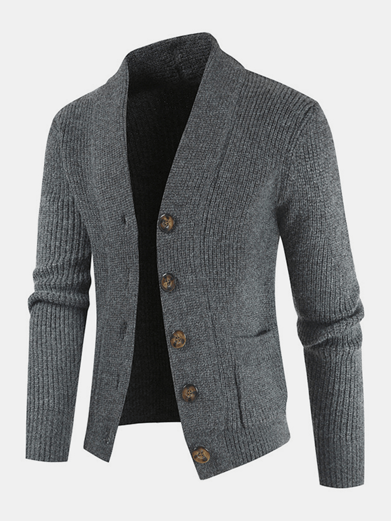 Mens Plain Butt Front Thick Double Pockets Cotton Raglan Sleeve Sweater Coat - MRSLM