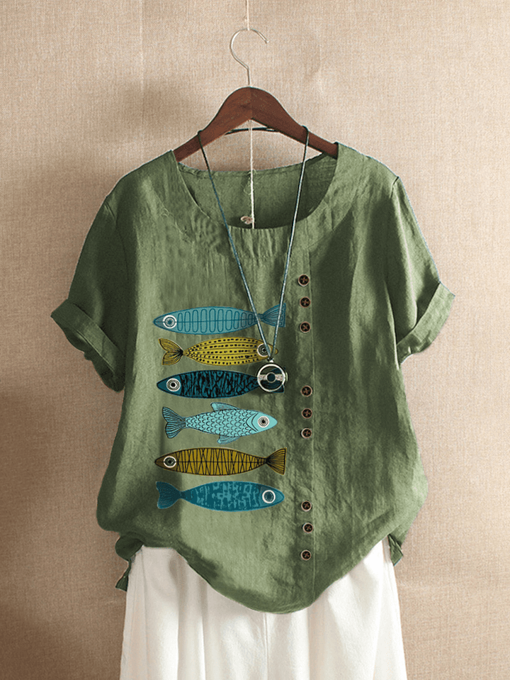 Fish Print Patched Casual Button Trims Short Sleeve O-Neck Casual T-Shirt for Women - MRSLM