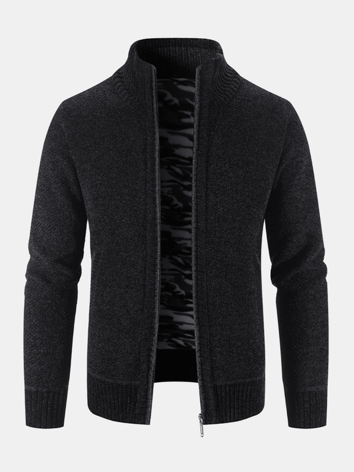 Men Knitted plus Velvets Elastic Hem Pockets Zipper Pure Solid Sweater Cardigans - MRSLM