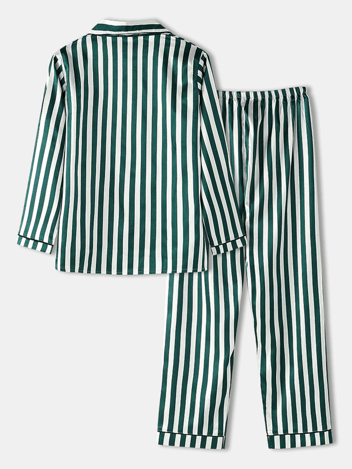 Women Striped Revere Collar Button up Long Sleeve Shirt Two Piece Pajama Set - MRSLM