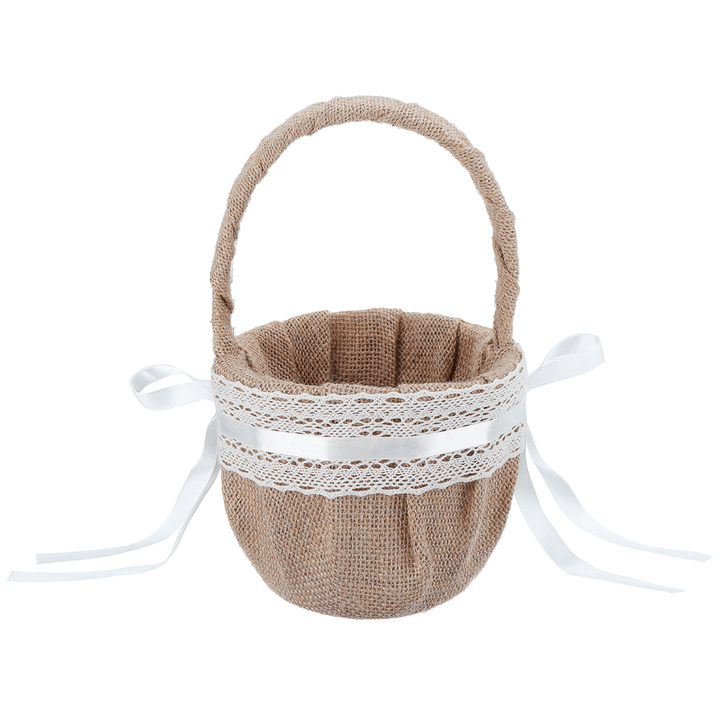 Linen Lace Basket Romantic Bowknot Handled Flower Ceremony Wedding Party Storage Baskets - MRSLM