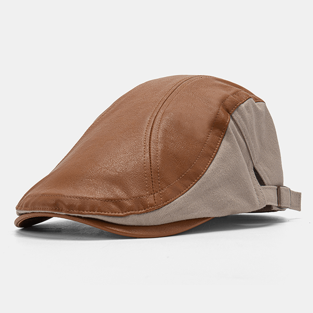 Men Leather Stitching Solid Color Beret Cap Adjustable Outdoor Sunshade Flat Cap Ivy Cap - MRSLM
