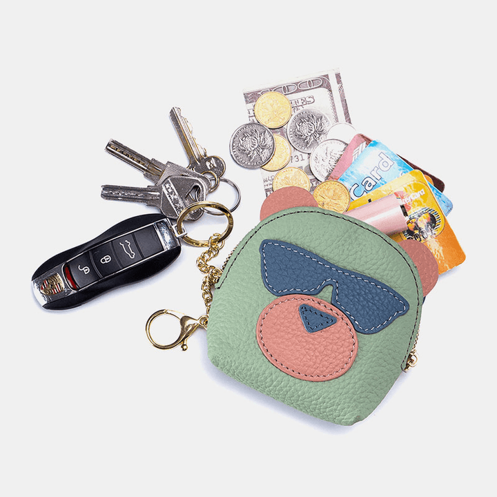 Women Genuine Leather Cute Bear Creative Mini Coin Bag Small Wallet for Card Key Mini Lipstick - MRSLM
