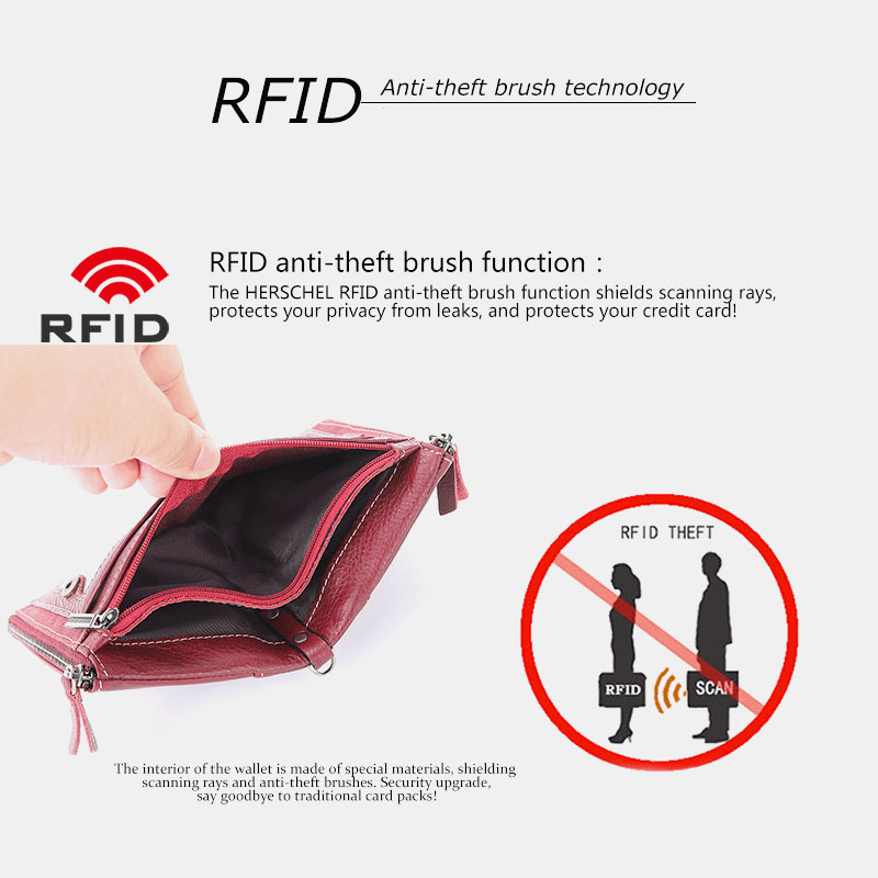 Men Genuine Leather RFID Blocking Anti-Theft Retro Business Double Zipper Card Holder Wallet - MRSLM