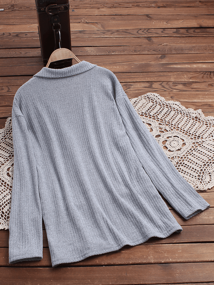 Pure Color Lapel Long Sleeve Causal Knit Sweaters - MRSLM
