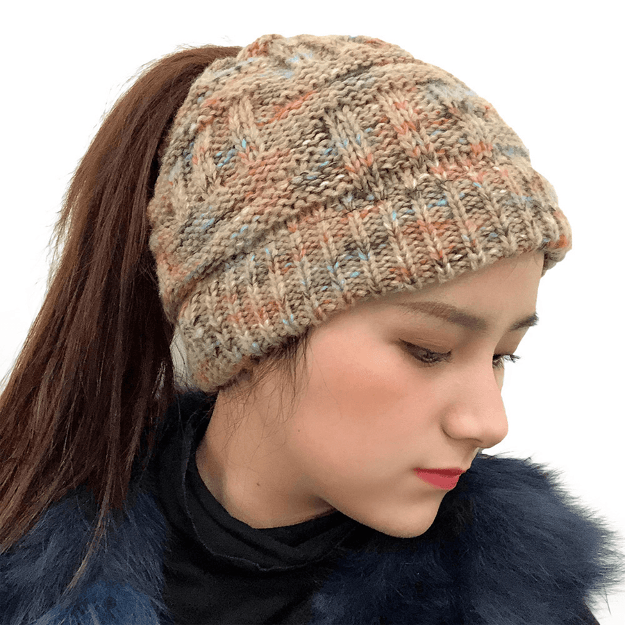 Female Warm Knitted Hat Striped Colorful Ponytail Headband Woolen Cap - MRSLM