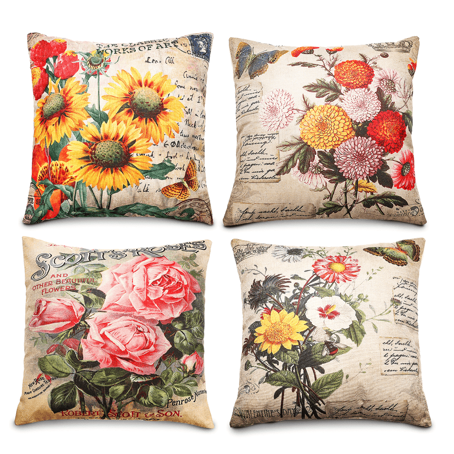 Vintage Flower Cotton Linen Cushion Cover Throw Pillow Case Sofa Home Decor - MRSLM
