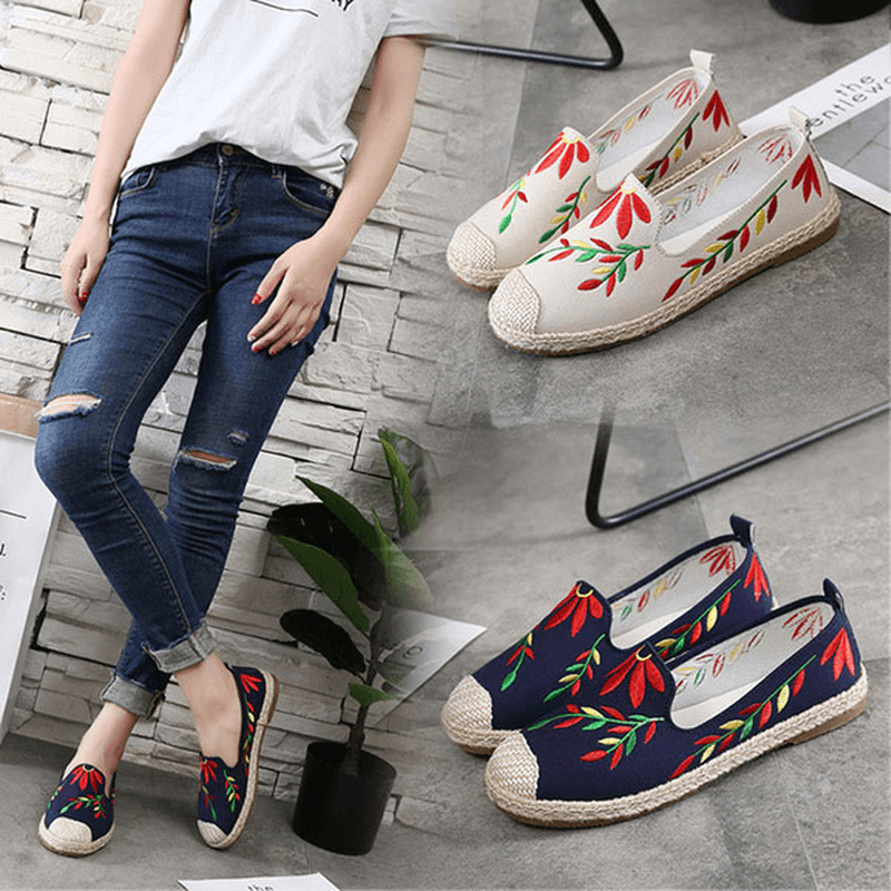 Women Casual Embroidered Flower Cloth Flat Loafers - MRSLM