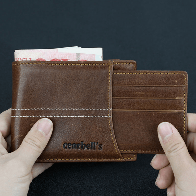 Men Genuine Leather Minimalist Wallet Retro Multi-Card Slot Card Holder Coin Purse Money Clip Cowhide Wallet - MRSLM