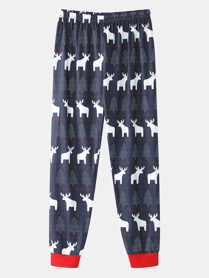 Mens Christmas Elk Print round Neck Jogger Pants Two-Piece Home Lounge Pajamas Set - MRSLM