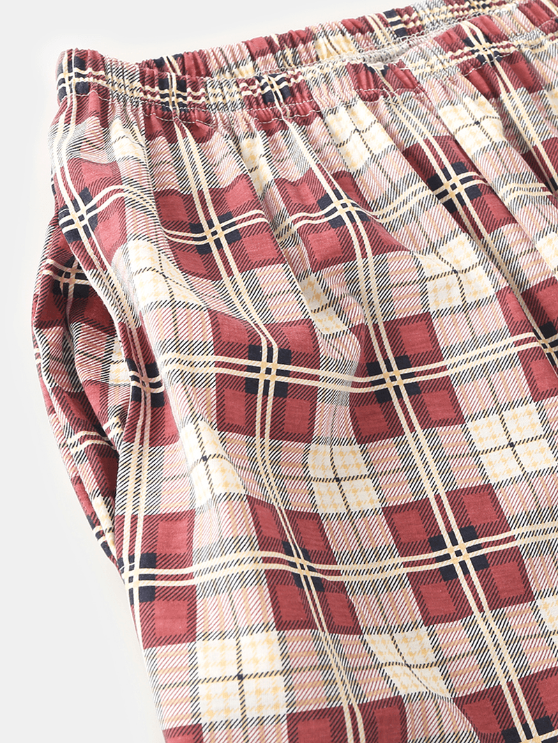 Women Plaid Print Lapel High-Low Hem Shirt Elastic Waist Pants Home Pajama Set - MRSLM