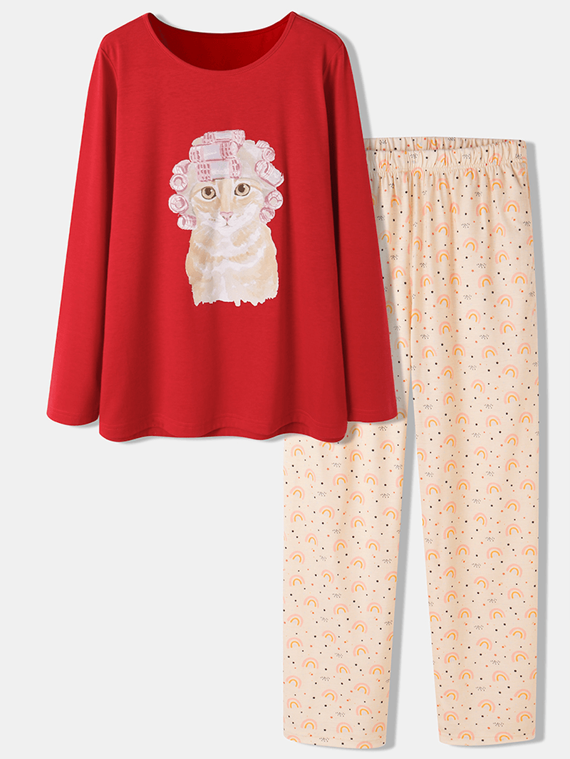 Plus Size Women Cute Cat Rainbow Print Long Sleeve Loose Pants Home Lounge Pajamas Sets - MRSLM
