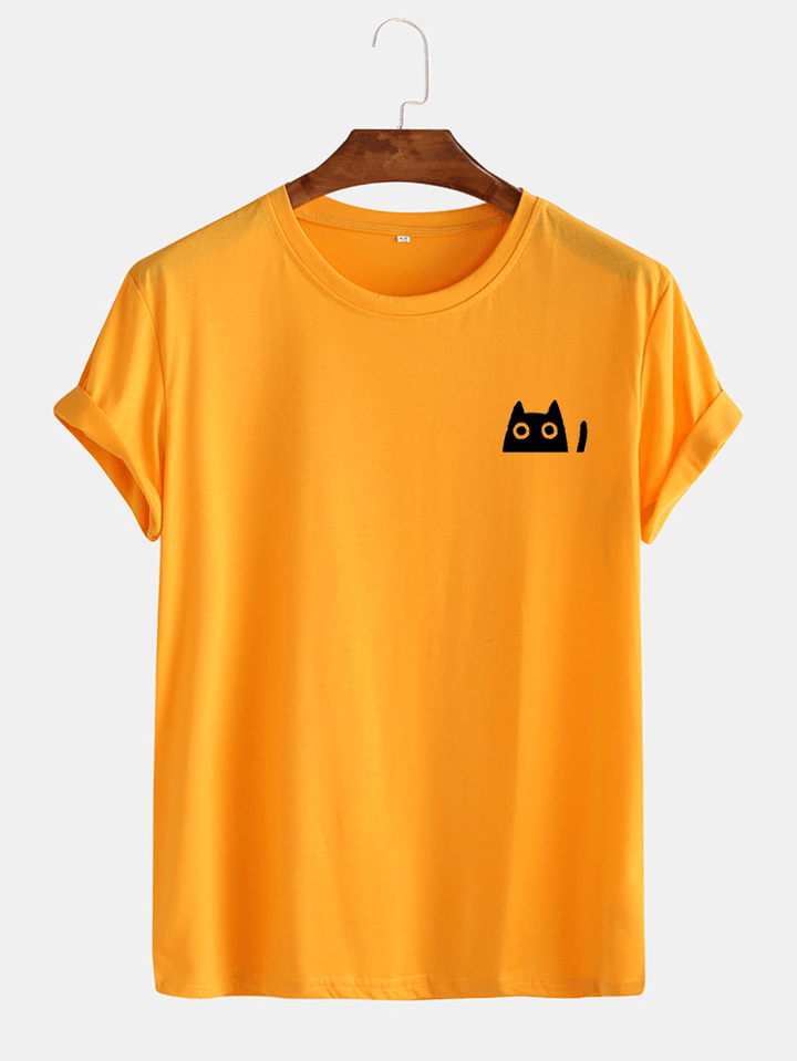 Mens Cute Cat Solid Color Casual O-Neck Short Sleeve T-Shirts - MRSLM
