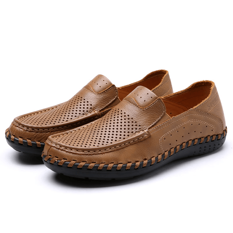Men Leather Breathable Hollow Out Hand Stitching Soft Sole Non Slip Comfy Casual Shoes - MRSLM