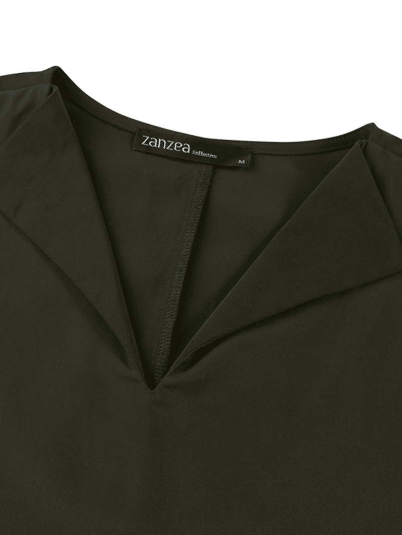 Women Solid Color Split Full Sleeve Side Pocket V-Neck Calf Length Casual Midi Dresses - MRSLM