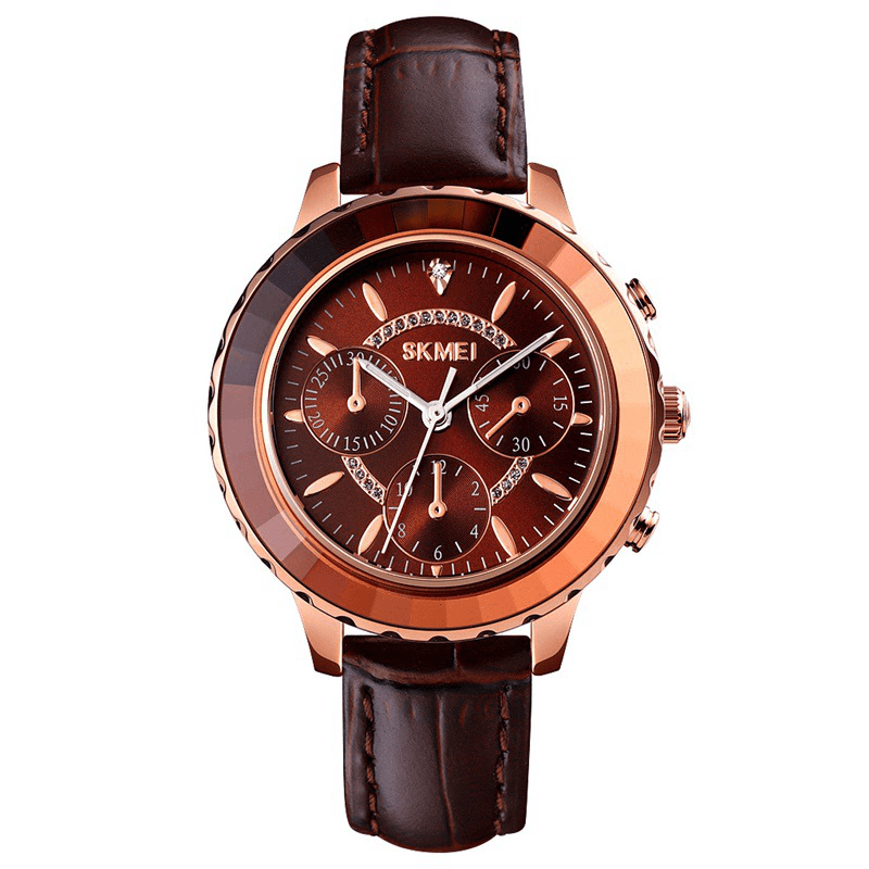 SKMEI 1704 Three Eyes Elegant Design Women Wrist Watch Ultra Thin Genuine Leather Band Quartz Watch - MRSLM