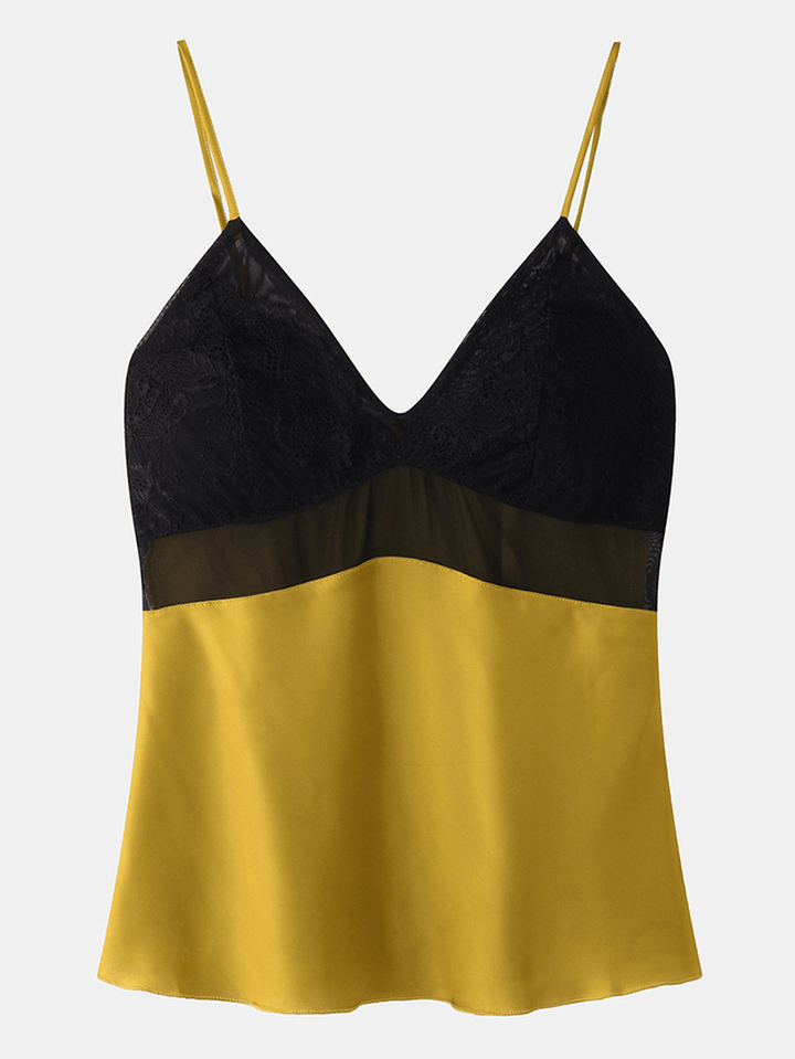 Women Lace Color Block V-Neck Spaghetti Straps Smooth Home Pajama Set - MRSLM