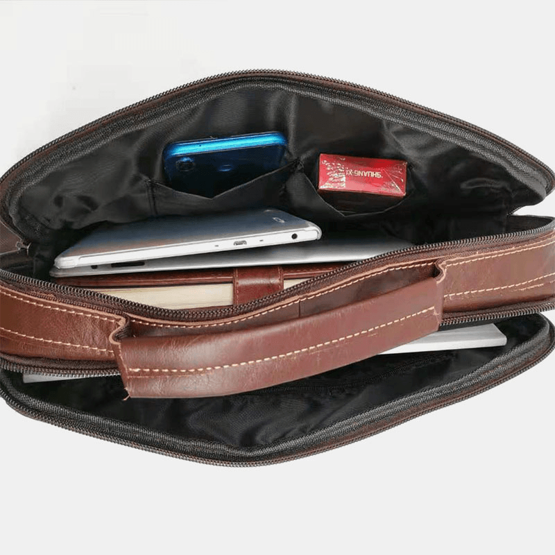 Men Genuine Leather Multi-Pocket Handbag Business Bag Laptop Bag Shoulder Bag - MRSLM