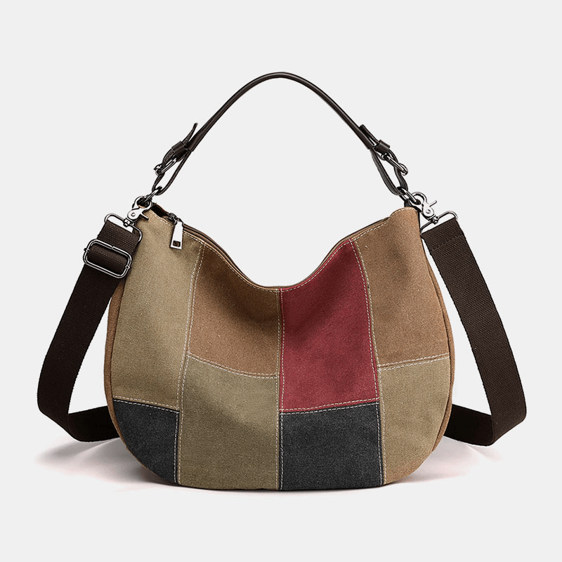 Women Vintage Large Capacity Color Matching Canvas Handbag Crossbody Bag Casual Shoulder Bag - MRSLM