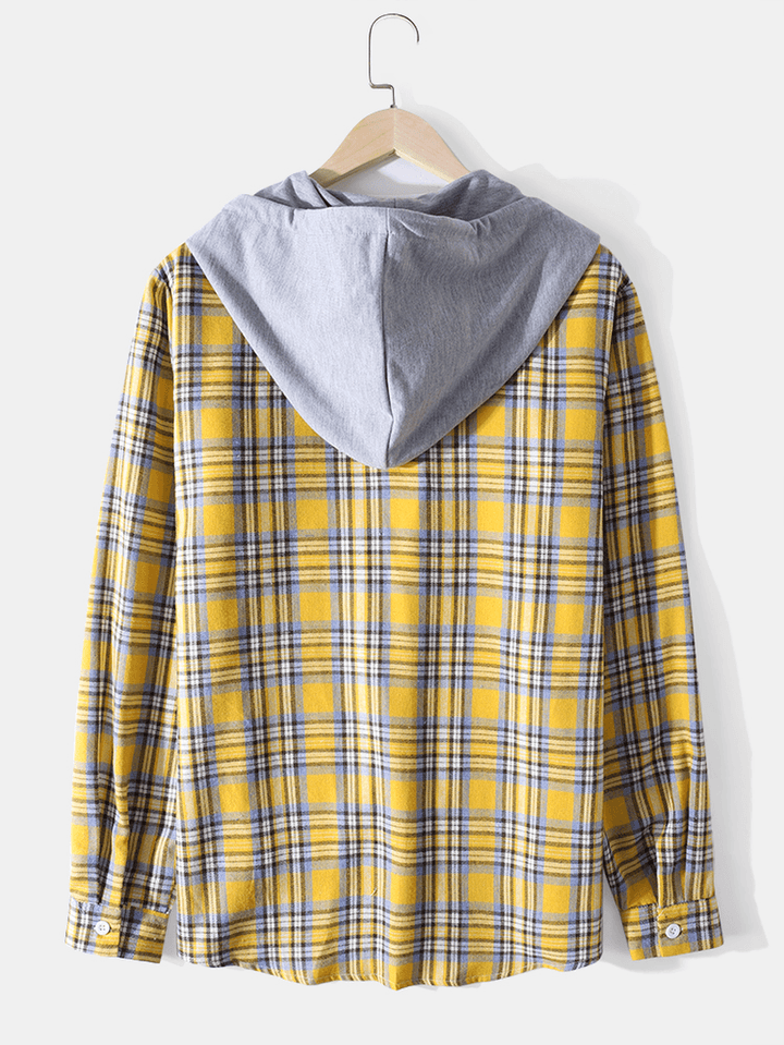 Colorful Plaid Print Chest Pocket Long Sleeve Cotton Hooded Shirts for Men - MRSLM