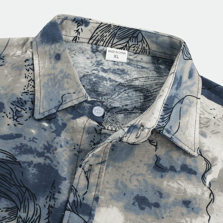Men Abstract Printed Short Sleeve Turn down Collar Casual Shirts - MRSLM