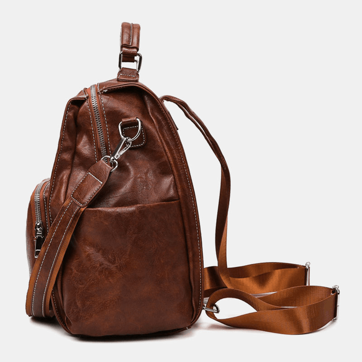 Women PU Leather Large Capacity Multi-Pocket Retro Messenger Backpack Crossbody Bag Shoulder Bag - MRSLM