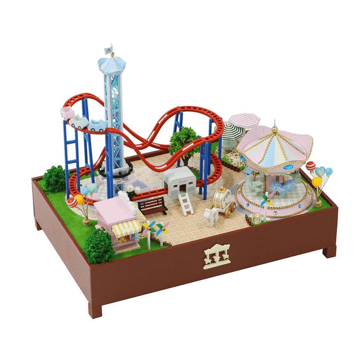 Hongda S2132Z Playground Carousel Roller Coasters 3D Hand-Assembled Doll House Miniature Furniture Kit with LED Lights Music Rotating Puzzle Toy for Gift Collection House Decoration - MRSLM