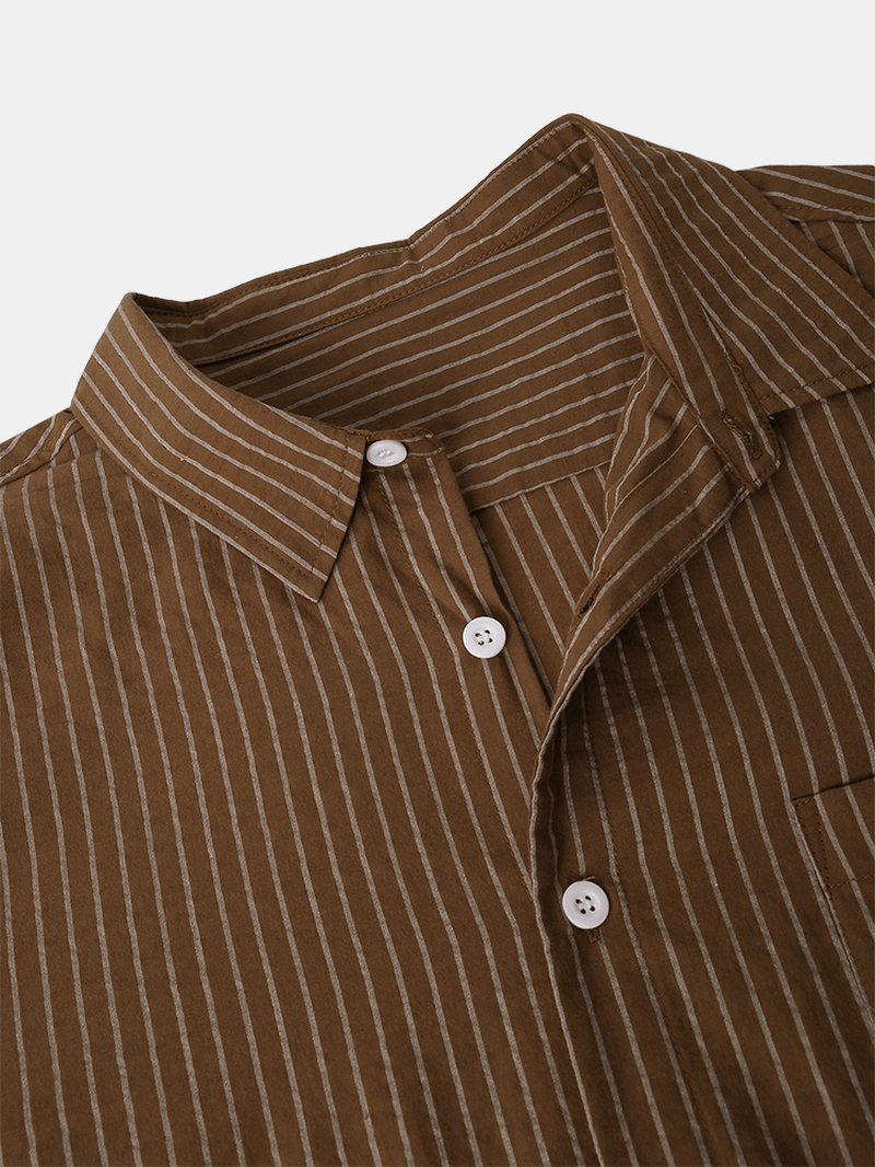Mens Stripe Lapel Collar Long Sleeve Cotton Breathable Shirts - MRSLM