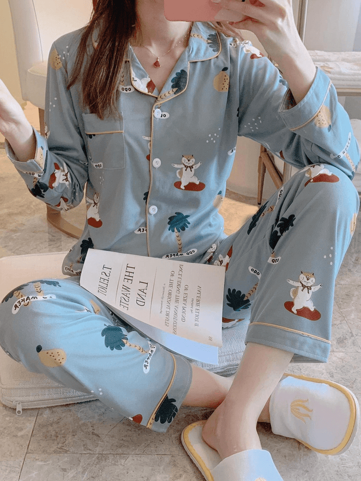 6 Patterns Womens Plaid Revere Collar Long Sleeve Loose Home Pajama Set - MRSLM