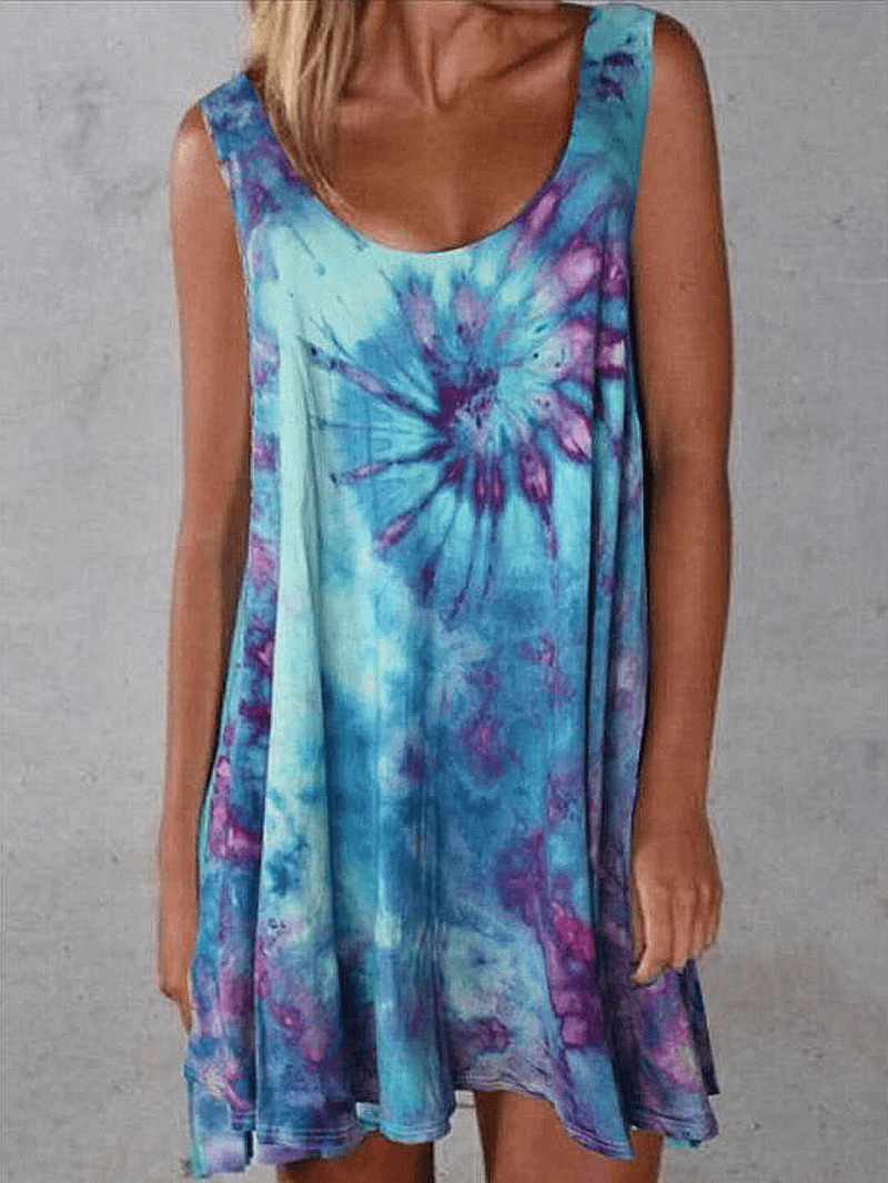 Women Tie-Dye Print Crew Neck Summer Sleeveless Loose Dress - MRSLM