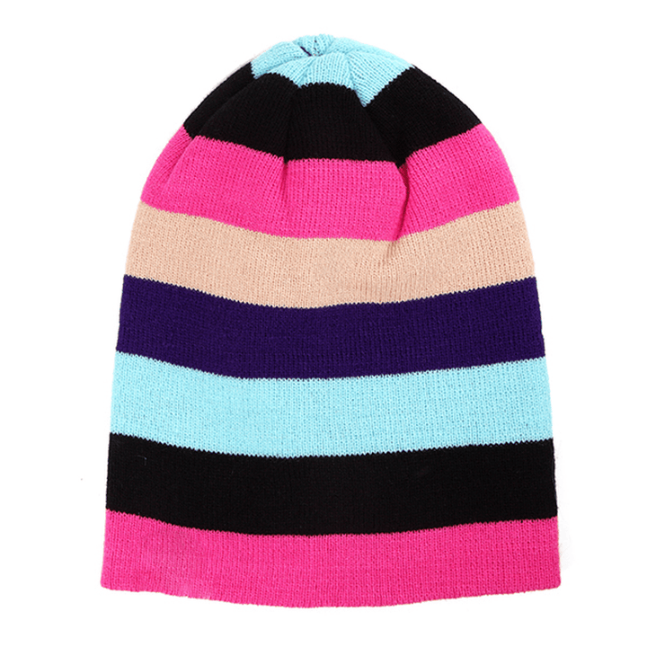 Women Beanies Striped Rainbow Colors Hat Cotton Knitted Hats Soft Beanie Gorro Cap - MRSLM