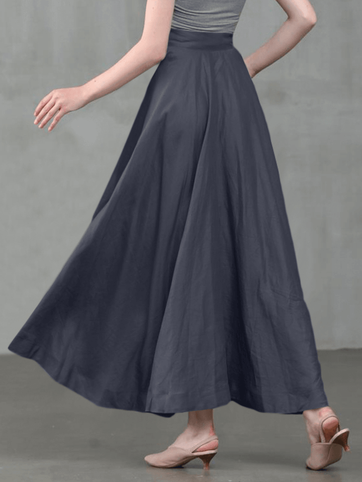 Women Solid Color Back Zip Pleated Casual Swing Skirts with Pocket - MRSLM