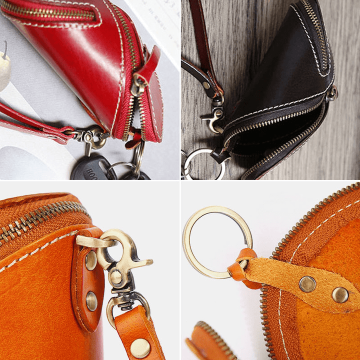 Men Genuine Leather Solid Color Oval Zipper Retro Key Case Card Case Clutch Bags - MRSLM