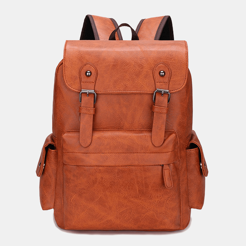 Men Casual Travel Multi-Pocket Large Capacity Backpack Solid Retro Wear-Resistant Waterproof PU Soft Leather 14 Inch Laptop Bag - MRSLM
