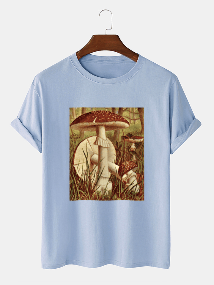 Mens Vintage Mushroom Graphic Print 100% Cotton Short Sleeve T-Shirt - MRSLM