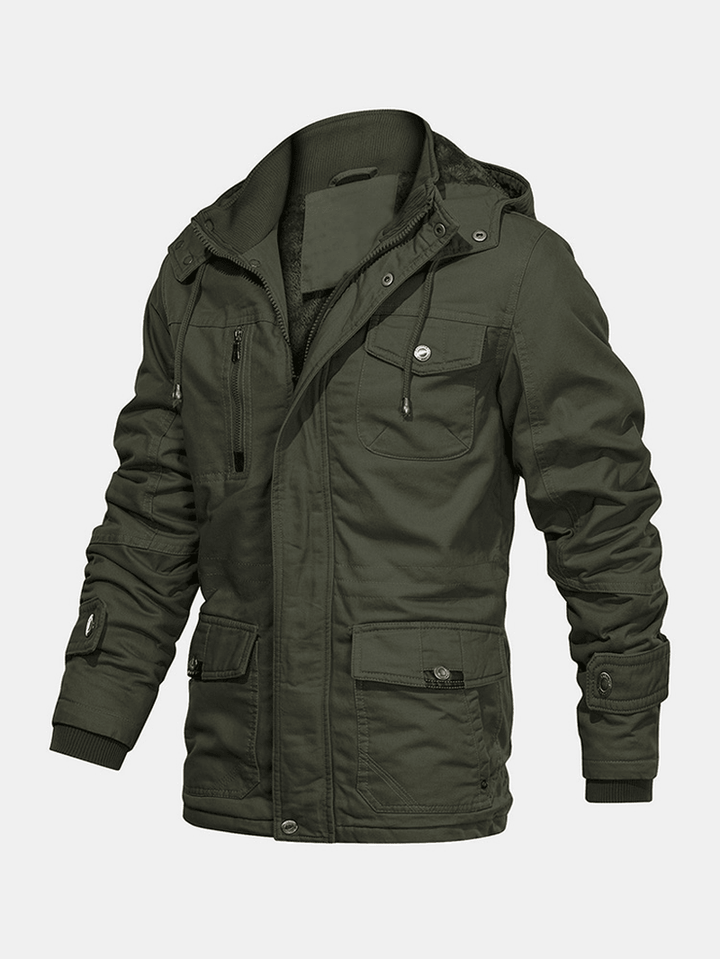 Mens Warm Fleece Lined Vintage Thicken Hooded Jacket with Multi Pocket - MRSLM