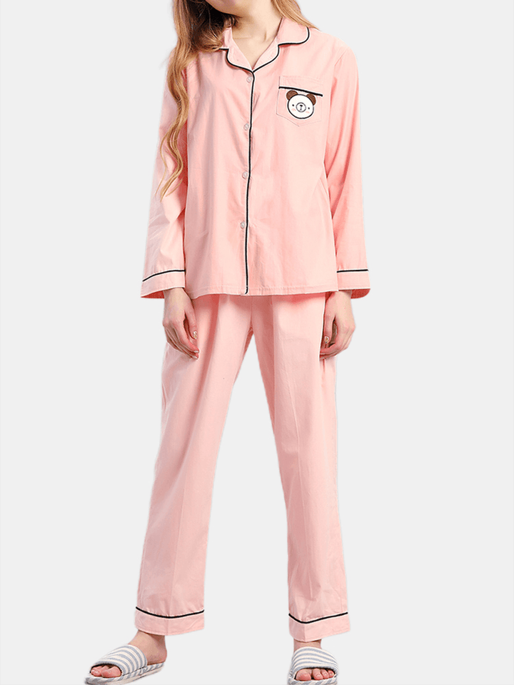 Plus Size Women 100% Cotton Cartoon Applique Lapel Long Pajamas Sets with Contrast Binding - MRSLM