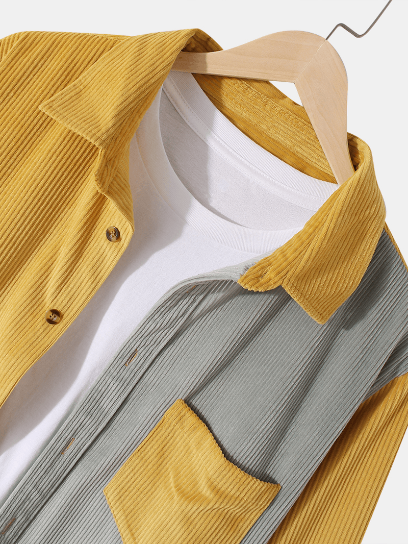 Mens Patchwork Corduroy Contrast Color Chest Pocket Regular Fit Shirts - MRSLM