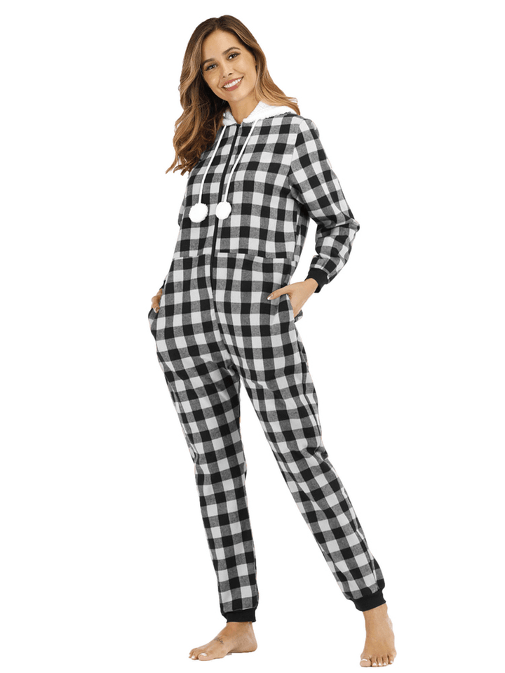 Striped Lattice Hooded Long Sleeve with Pocket Onesie Pajama Set - MRSLM