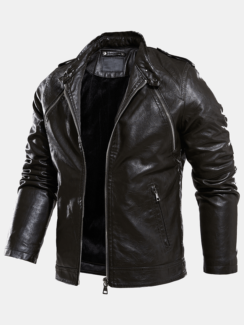 Mens Multi-Zipper Warm Lining Biker PU Leather Jacket - MRSLM