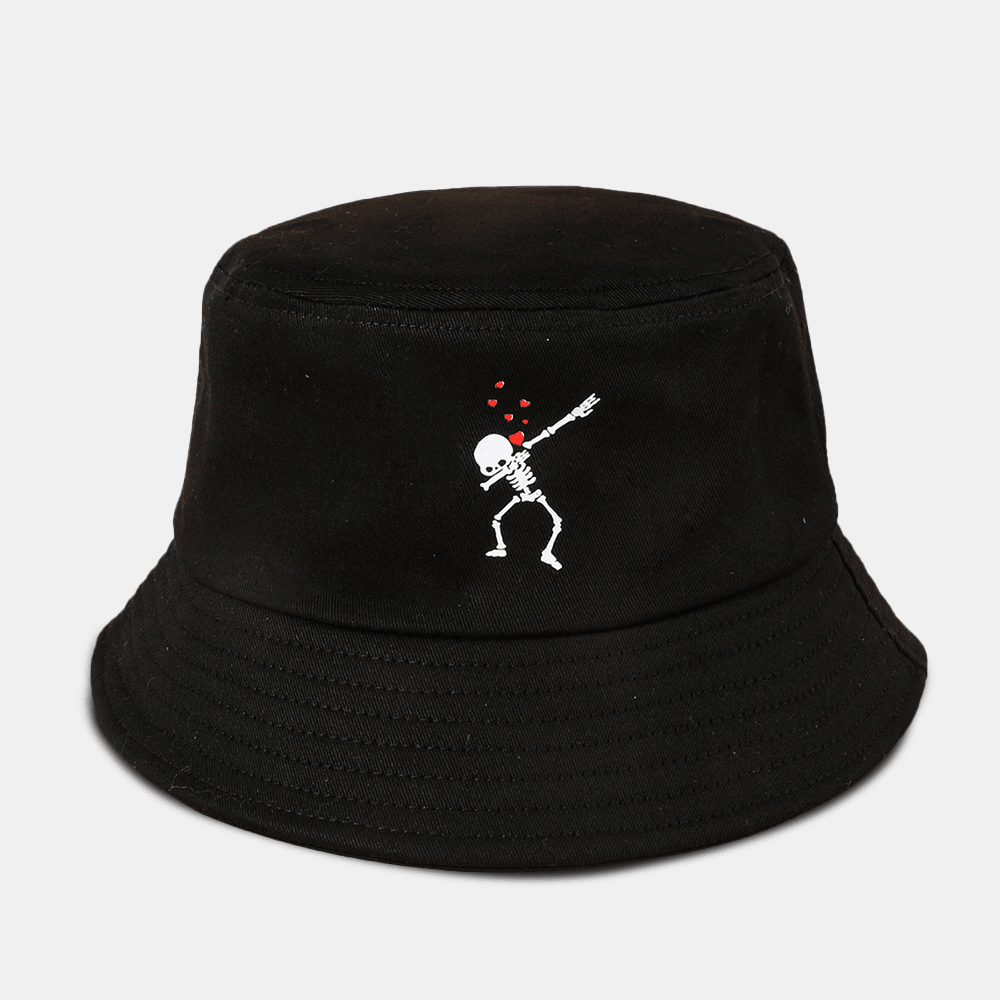 Unisex Cartoon Love Skull Print Twill Cap Cotton Solid Color Fashion Sun Protection Bucket Hat - MRSLM