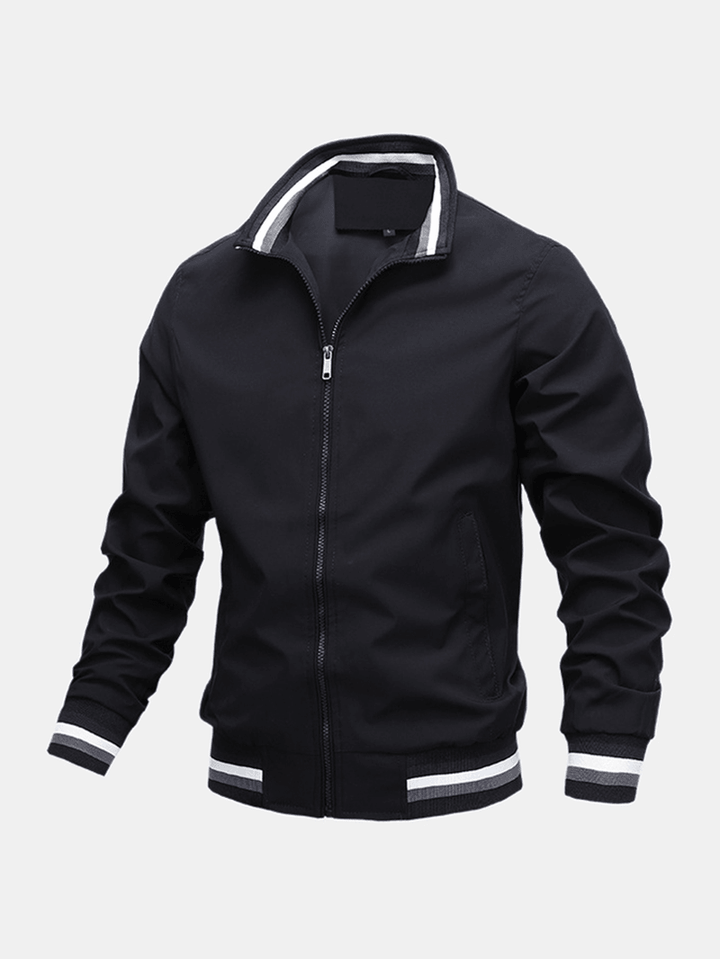 Mens Solid Color Pocket Zipper Stand Collar Sports Casual Long Sleeve Jackets - MRSLM