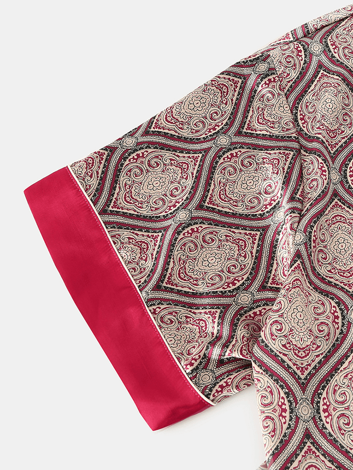 Mens Luxury Pattern Print Pocket Robe Shorts Home Casual Two Piece Faux Silk Pajama Set - MRSLM
