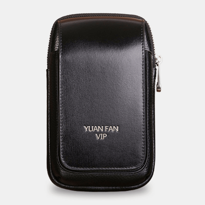 Men Vertical First Layer Cowhide Large Capacity Waist Bag 6.5 Inch Phone Bag Belt Bag - MRSLM