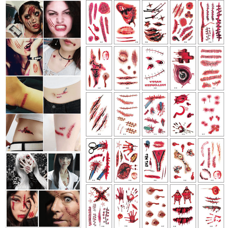 30Pcs/Set Waterproof Halloween Bloody Wound Tattoo Sticker Scary Lifelike Temporary Tattoo Stickers Horror Party Decoration - MRSLM